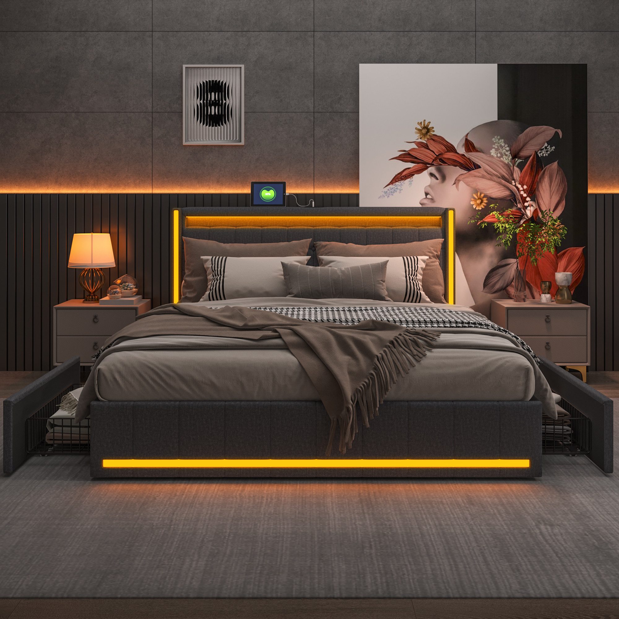 Polsterbett LED Doppelbett-grau 1